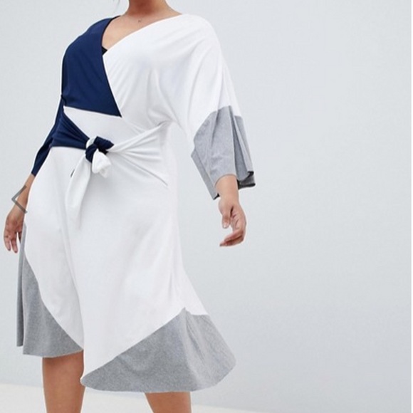 ASOS Curve White, Blue & Gray Colorblock Tie Waist Dress Size 16 - Picture 1 of 11